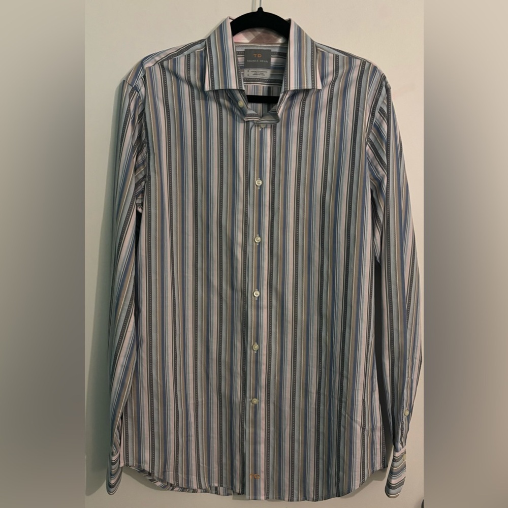 Thomas Dean Mens Size Medium Long Sleeve Button Down Shirt Striped/Plaid Cotton‎